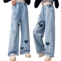 Miniatyrbillede 1 af 5: Piger Vide Ben Denim Bukser Elastisk Talje Hjerte Mønster Print Jeans Til Ferie Afslappet Brug Skole Blue 160