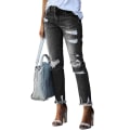 Miniatyrbilde 1 av 5: Dame Slitte Boyfriend Jeans i Denim med Hull og Frynser, Slim Fit Bukser Black XL