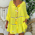 Miniatyrbilde 3 av 5: Dame Bomull Lin Hul Ut Ruffle Pullover Tunika Topper Bluse Skjorte Pluss Størrelse Yellow XXL