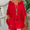 Miniatyrbilde 3 av 5: Dame Bomull Lin Hul Ut Ruffle Pullover Tunika Topper Bluse Skjorte Pluss Størrelse Red L
