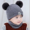 Miniatyrbild 2 av 2: Stickad Babymössa med Pom Pom Tofs och Snood Halsduk Pojke Flicka Småbarn Mössa Set Grey