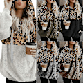 Miniatyrbillede 2 af 5: Hættetrøje til kvinder Leopard Print Plys Sweatshirt med lommer Snørehætte Gray M