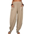 Miniatyrbillede 1 af 4: Dame Bomuld Linned Look Løse Bredbenede Bukser Casual Yoga Harem Bukser Sommer Strand Khaki XL