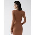 Miniatyrbillede 4 af 5: Kvinders firkantet hals langærmet maxikjole blød lounge ribstrikket bodycon kjole til kvinder karamel M Caramel m