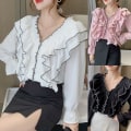 Miniatyrbilde 2 av 5: Dame Skjorte Bluse Topp Lang Utsvingt Erme Rynke Volang V-hals Casual Prinsesse-3 White XL(UK 12)
