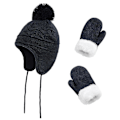 Miniatyrbild 1 av 5: Barn Vinter Öronmuff Mössa Pompom Stickad Hatt Tjock Vante Värmare Set Navy Blue