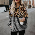 Miniatyrbillede 5 af 5: Hættetrøje til kvinder Leopard Print Plys Sweatshirt med lommer Snørehætte Black L