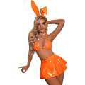 Miniatyrbillede 1 af 5: Kvinder Holografisk Skinnende Rave Outfits Metallisk Wetlook Pvc Læder Kæde BH Top Flare Mini Nederdel Hårbøjle Kanin Kostume Festival Clubwear Orange M