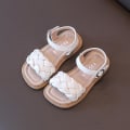 Miniatyrbillede 1 af 5: Småbørnssko Pige Sommer Flettet Ferie Firkantet Tå Søde Børnesandaler Beige Gul 21-36 Pu Læder Mode Børne Sliders Beige 28 insole17.2cm