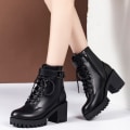 Miniatyrbillede 3 af 5: Højhælede dame Vinter Lysebrun Chunky Sål Platform Strømpe Støvler Sko Dame Mid-læg tykke hæle Størrelse. 37
