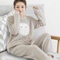 Miniatyrbild 3 av 4: Dam Vinter Flanell Pyjamas Set Söta Tryckta Mjuka Långärmade Topp Och Byxor Loungewear För Kvinnor Flickor Nattkläder Grey Owl L