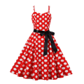 Miniatyrbillede 1 af 3: Elegant afslappet damekjole, retro cocktailkjole, sommerkjole med spaghettistropper til feriebrug White Dot On Red Background 2XL
