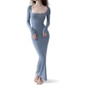 Miniatyrbillede 1 af 4: Kvinders firkantet hals langærmet maxikjole blød lounge ribstrikket bodycon kjole til kvinder blå M blue m