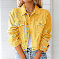 Miniatyrbillede 1 af 5: Dame Solid Denim Jakke Langærmet Ming Cardigan Suit Lomme Frakke Top Yellow S