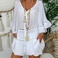 Miniatyrbilde 3 av 3: Dame Bomull Lin Hul Ut Ruffle Pullover Tunika Topper Bluse Skjorte Pluss Størrelse White 5XL