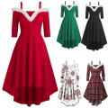 Miniatyrbillede 1 af 2: Dame Jul Langærmet Plys Høj og Lav Dyb V Off-shoulder Stor Swing Kjole Plaid S