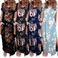 Pikkukuva 2 / 5: Naisten neulemekko, lyhythihainen, V-aukkoinen, rento, pitkä mekko, kesä, ranta, uusi White flower 2XL