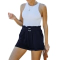 Miniatyrbillede 2 af 4: Dame Ensfarvede Højtaljede Løse Shorts Sommer Casual Shorts Navy Blue XL