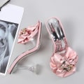 Miniatyrbild 2 av 5: Transparenta Damslippers Sommar Mode Rosa Rosett Designer Sandaler Transparenta Klackar Beige 41