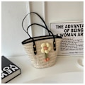 Miniatyrbild 2 av 5: Sommar Tote Väska Dam Satchel Väska Stor Kapacitet Vävd Handväska Med Blomdekor För Jul Födelsedag Strandsemester Black