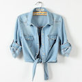 Miniatyrbilde 2 av 5: Mote dame fritid 3/4 erme knapp ned crop jean topp knute knyte denim skjorte jakke Sky Blue M