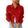 Miniatyrbillede 2 af 5: Dame Solid Denim Jakke Langærmet Ming Cardigan Suit Lomme Frakke Top Red M