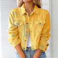 Miniatyrbillede 1 af 4: Dame Solid Denim Jakke Langærmet Ming Cardigan Suit Lomme Frakke Top Yellow L