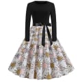 Miniatyrbillede 1 af 3: Dame Print Rockabilly Retro Langærmet A-linje Kjole Fest Hepburn Swing Kjoler L
