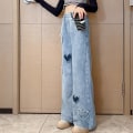 Miniatyrbillede 5 af 5: Piger Vide Ben Denim Bukser Elastisk Talje Hjerte Mønster Print Jeans Til Ferie Afslappet Brug Skole Blue 120