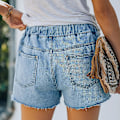 Miniatyrbillede 2 af 4: Dame Denimshorts med elastisk talje og snøre, slidte og flossede sommer shorts hotpants Light Blue XL