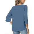 Miniatyrbillede 3 af 3: Sommer Casual Skjorte til Kvinder, Løs Tunika Top med V-hals til Leggings, Slids 3/4 Ærmer Chiffon Bluse Blue XX-Large