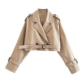 Miniatyrbilde 1 av 5: Khaki Cropped Trench Dame Lange Ermer Cropped Design Jakke Chic Dame High Street Casual Løse Kåper Topp Kvinne Ny M