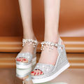 Miniatyrbild 2 av 5: Flatform Wedge Sandaler för Dam, Espadrille Wedge Klack Sandaler med Pärlor, Ankelrem, Födelsedagspresenter för Damer Silver 34