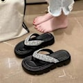 Miniatyrbild 1 av 4: Flip-flops med strass för dam, mellanhög plattform, bling, bekväma flip-flops för strandbröllop sommar Flip Flops Black 36-37