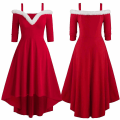 Miniatyrbillede 4 af 5: Dame Jul Langærmet Plys Høj og Lav Dyb V Off-shoulder Stor Swing Kjole Red S