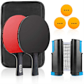 Miniatyrbild 1 av 5: Portabelt bordtennisracketset 2 racketar 3 bollar 1 bordtennisnät professionellt pingisracket med dubbelt blixtlåsfodral