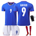 Pikkukuva 1 / 5: 2024 Eurojen Ranskan joukkueen pelipaita numero 10 Mbappe jalkapallopaita 7 Griezmann 9 Giroud 11 Bale setti No. 9 with socks and protective gear L code