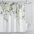 Smaragdgrön Eukalyptus Duschdraperi, Sammanlänkande Växtblad med Blommigt Duschdraperi Set med Krokar, B220xH180cm