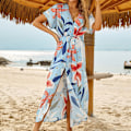 Miniatyrbillede 9 af 11: Kvinder Halv ærme badedragt cover up Boho geometrisk print strand maxi kjole Kaftan Colorful flower bloc