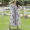 Miniatyrbillede 4 af 11: Kvinder Ferie Flagærme Tyrkisk Kaftan Boho Farverige Geometriske Blomstrede Trykte V-hals Badetøj Cover Up Oversized Løs Strand Maxi Kjole No 75 Red Flower