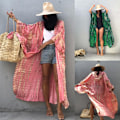 Miniatyrbilde 5 av 10: Kvinners Bohemian Tie-Dye Print Hette Kimono Cardigan Lang Ermet Åpen Front Badedrakt Cover Up Side Split Robe Strandklær med Lommer Green
