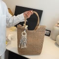 Miniatyrbilde 4 av 11: Fasjonabel strå strandveske med stor kapasitet for reise og shopping Khaki