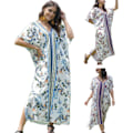 Miniatyrbillede 10 af 11: Kvinder Ferie Flagærme Tyrkisk Kaftan Boho Farverige Geometriske Blomstrede Trykte V-hals Badetøj Cover Up Oversized Løs Strand Maxi Kjole No 75 Red Flower
