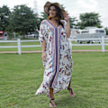 Miniatyrbillede 5 af 11: Kvinder Ferie Flagærme Tyrkisk Kaftan Boho Farverige Geometriske Blomstrede Trykte V-hals Badetøj Cover Up Oversized Løs Strand Maxi Kjole No 75 Red Flower
