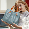 Miniatyrbillede 2 af 4: Rummelig Blå Læder Tote Taske Ægte Kødkvægslæder Kvinders Crossbody Taske Flax blue About 33*15*25cm