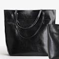 Miniatyrbillede 2 af 6: Stilful Sort Vokset Læder Tote Bag 38x28x13cm Perfekt til Daglig Brug black About 38*28*13cm