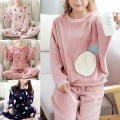 Miniatyrbild 1 av 5: Tjocka Flanellpyjamas för Dam med Tecknat Mönster, Sovkläder Vinter Varm Långärmad Coral Fleece Loungewear Pink XXL