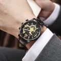 Miniatyrbillede 6 af 8: Læderbælte Business Ur Mode Ur Herreur Kalender Quartz Ur Herreur Black Shell Silver word