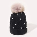 Miniatyrbillede 1 af 9: Uldstrikket hue til kvinder, koreansk stil, efterår og vinter, varm, fluffy pomponhue, fortykket, alsidig, ansigtsformende rejsehue Black Average size