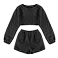 Pikkukuva 1 / 3: Naisten pehmeät vapaa-ajan pyjamat pitkähihaisella fleece-puserolla ja shortsihousuilla, 2-osainen setti, pörröinen oloasu yöasu Black L